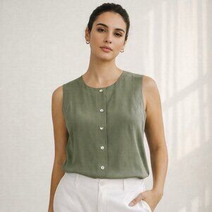Vintage 100% Silk Shell Top M Button Front Sleeveless Blouse Minimalist Layering